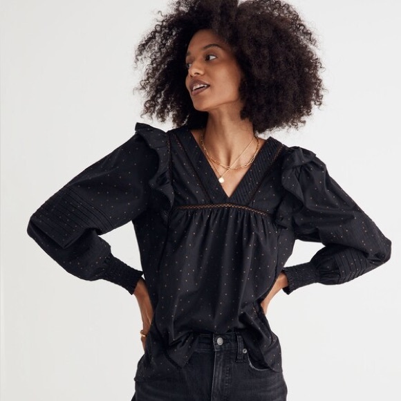 Madewell Tops - Madewell Voile Ruffled Pintuck L/S Cotton Top‎ Black Polka Dot Print Size M NWOT